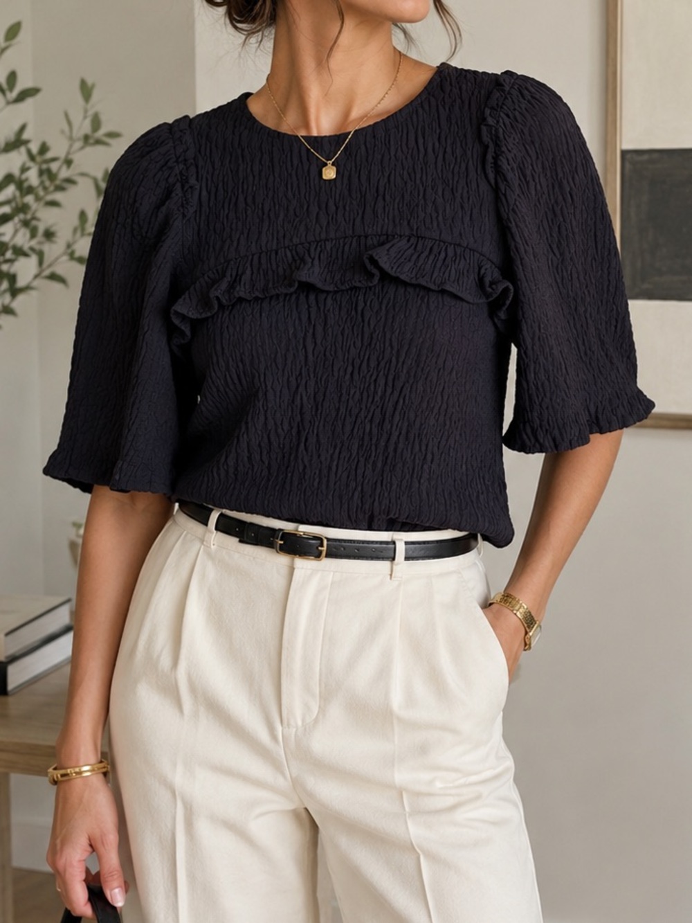 Zara black crinkle puff sleeve crop top